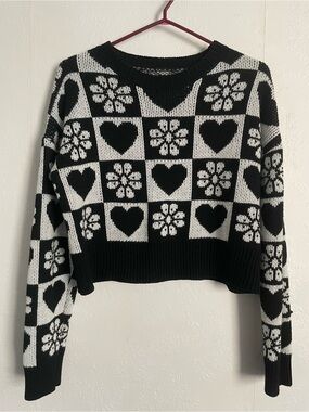 Cropped Black & White Heart Knit Sweater